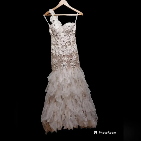 Jovani Prom‎ Wedding Dress White Nude size 0 One Shoulder Sheer Mermaid - Picture 3 of 16